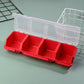 Red multi-compartment hardware storage box with clear hinged lid and separate compartments