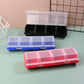 Three compartment hardware storage boxes in black, blue, and red with clear hinged lids
