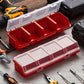 Open red multi-compartment hardware storage box with clear top and inner divided sections