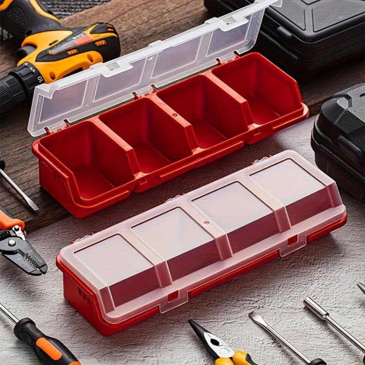 Open red multi-compartment hardware storage box with clear top and inner divided sections