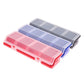 Pink multi-compartment hardware storage box with clear lid and grid-style divider sections