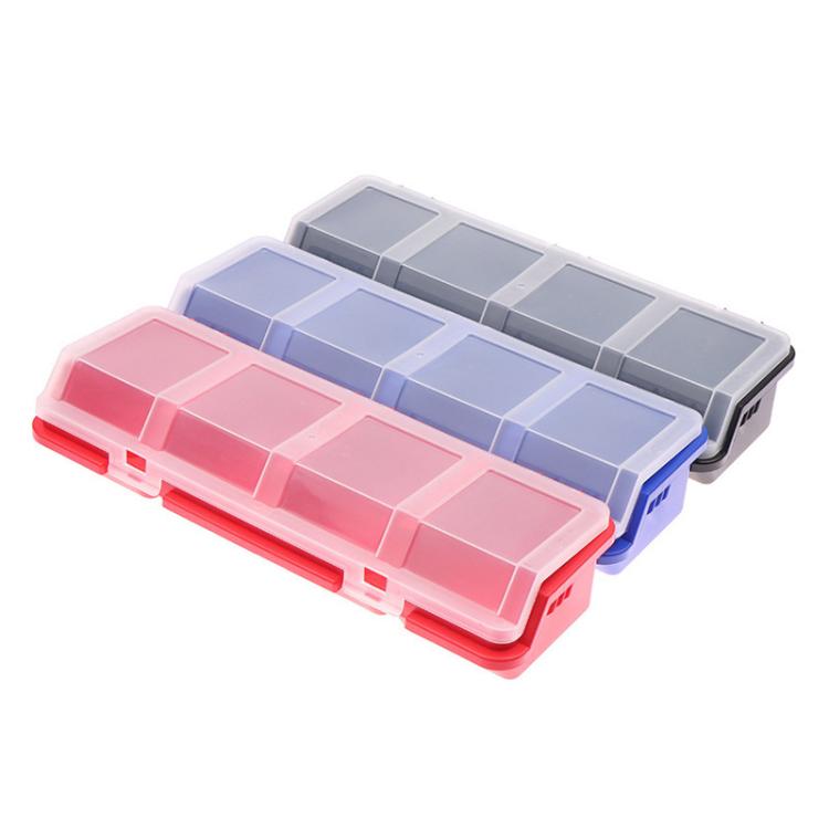 Pink multi-compartment hardware storage box with clear lid and grid-style divider sections