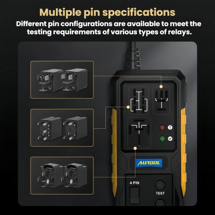 Fault relay detector with multi-pin testing ports for different relay configurations