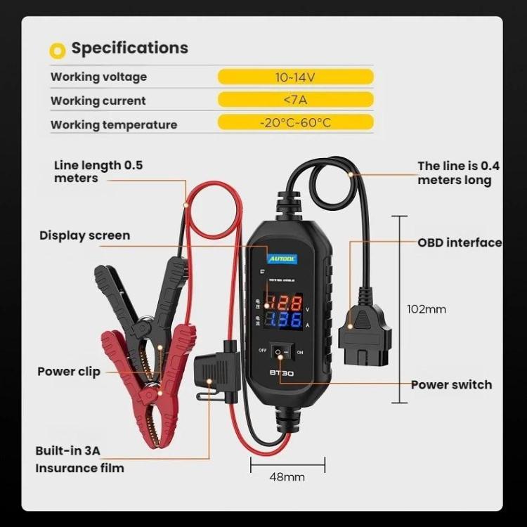 OBD emergency power cable with clamps and BT30 unit, showing line length and dimensions