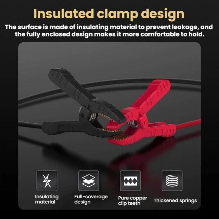 Insulated battery clamp ends on OBD emergency power cable, black and red