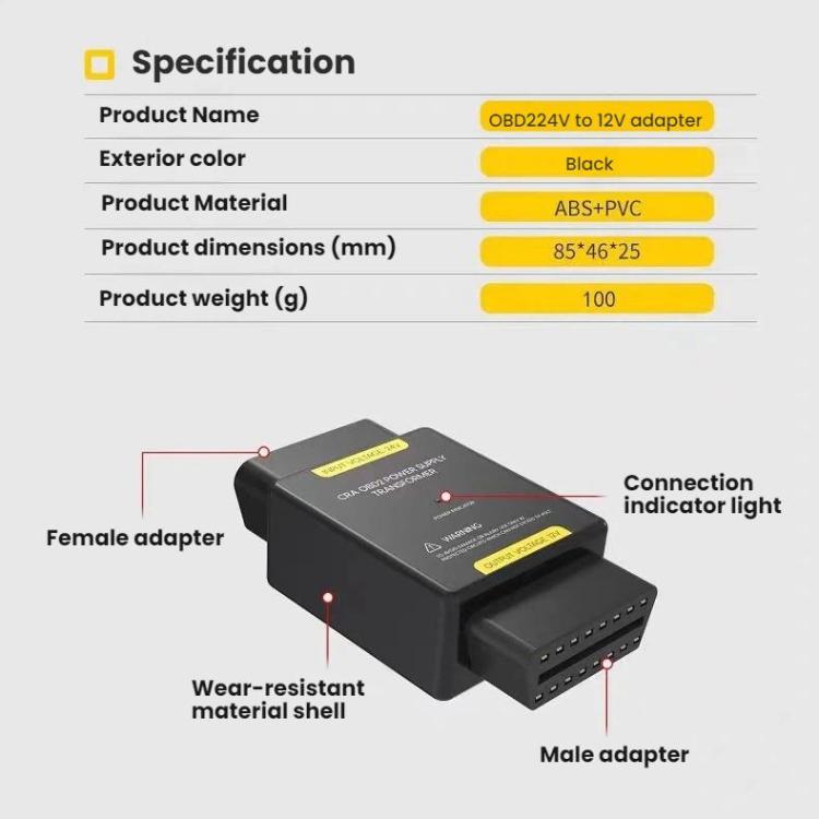 AUTOOL 24V to 12V OBD converter, diagram with female and male adapter ends and indicator