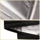 Silver fabric telescope cover with black trim and stitched hem details