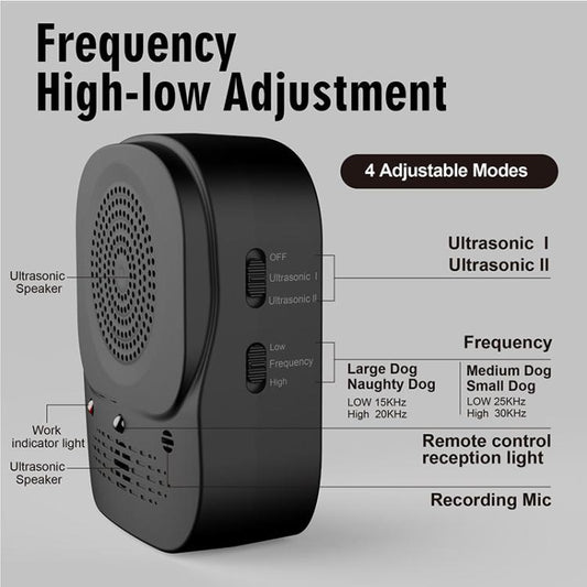 Black ultrasonic barking stopper showing speaker, mode controls, and recording mic port
