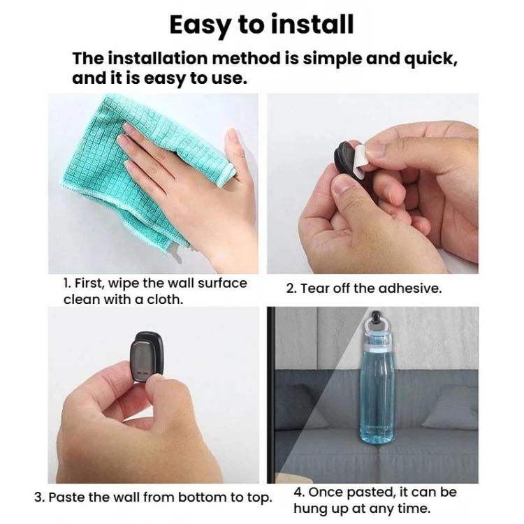 Mini self-adhesive hook installation steps: wipe, peel liner, paste, then hang