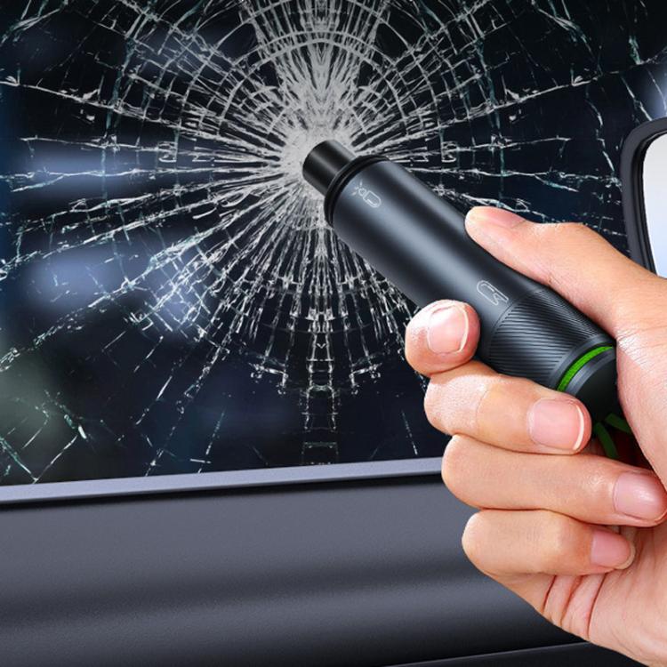 Black car safety emergency hammer keychain with textured grip for window breaking