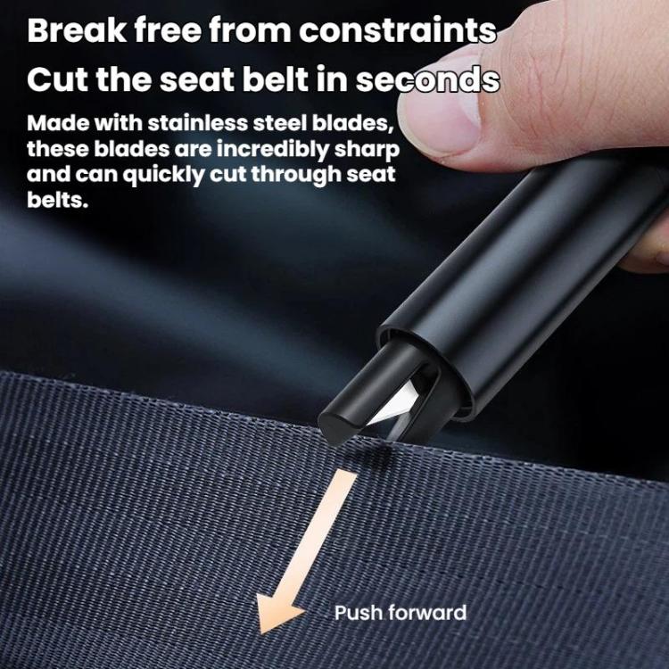Seat belt cutter integrated into a black safety hammer with blade extended