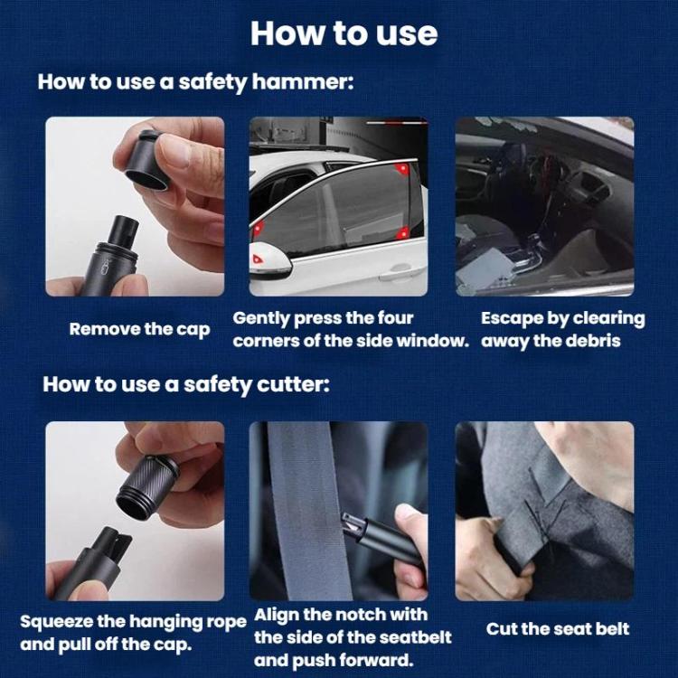 Car safety hammer use steps shown with black tool and green lanyard loop