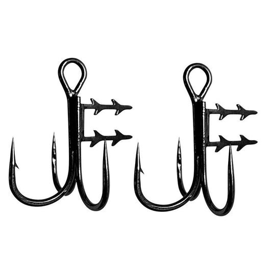 Pair of black treble fishing hooks with barbed bait-holder spikes and sharp points