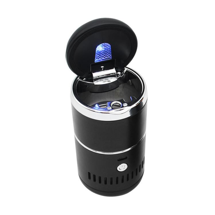Portable car ashtray vacuum cleaner with lid open, silver accents, black body