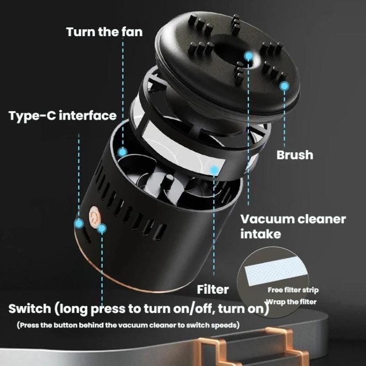Black portable car ashtray vacuum cleaner with visible fan, brush, filter area