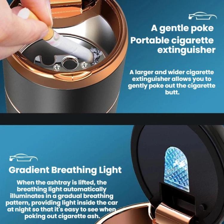 Portable car ashtray vacuum cleaner lid open, cigarette stub inside, gold interior