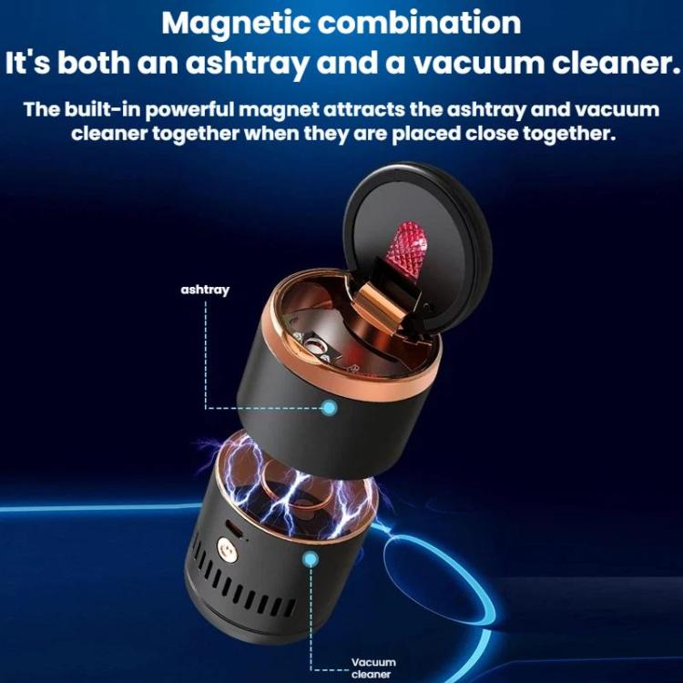 Portable car ashtray vacuum cleaner showing ashtray and vacuum together, black and gold