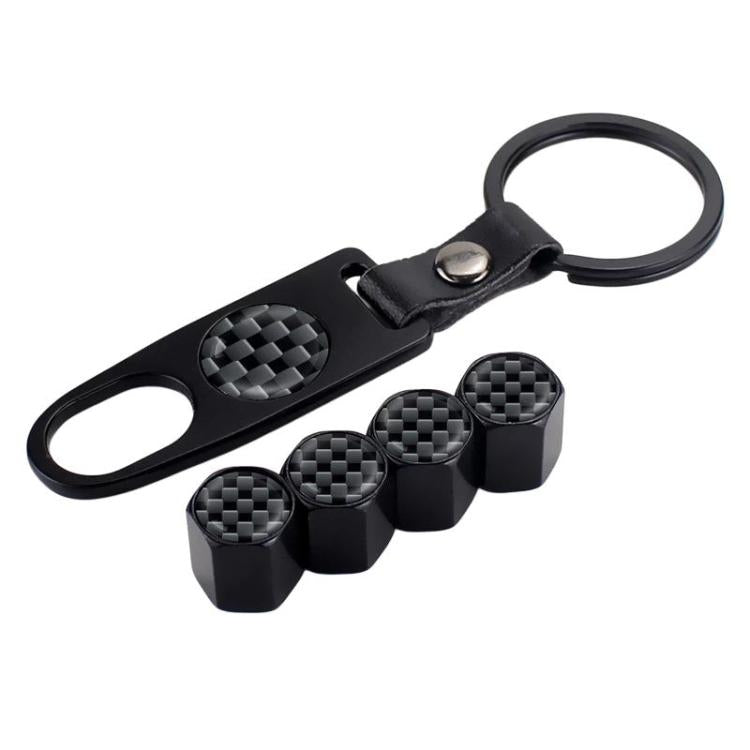 Universal carbon-fiber textured valve caps with black keyring and holder