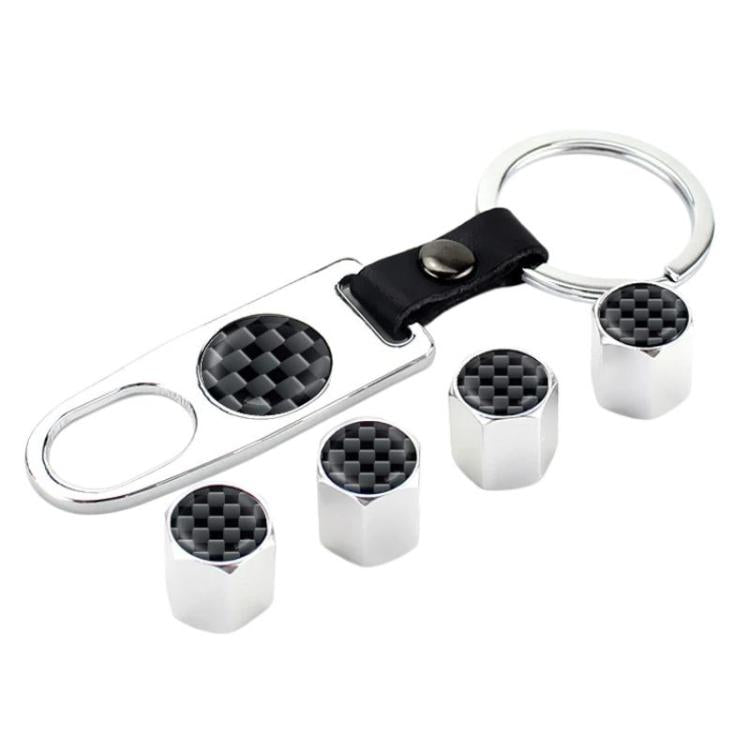 Universal carbon-fiber textured valve caps with chrome keyring and black caps