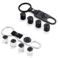 Universal set of carbon-textured valve caps with keyring, hex-top black caps