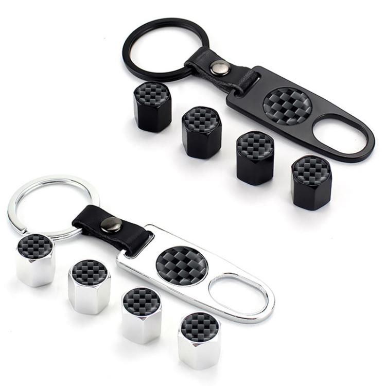 Universal set of carbon-textured valve caps with keyring, hex-top black caps