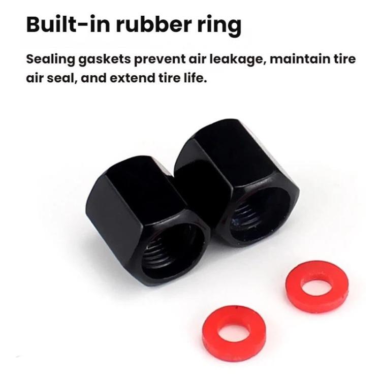 Black valve stem caps with built-in rubber sealing rings and threaded openings