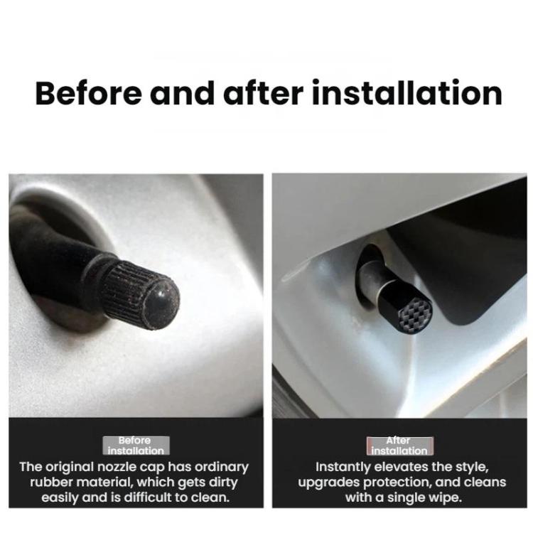 Installed black carbon-textured valve stem caps on a car wheel
