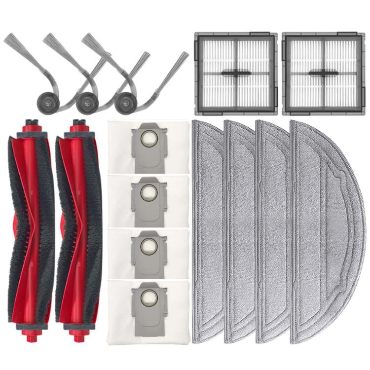 Robot vacuum replacement parts kit with two red/black main brushes, side brushes, dust bags, filters, mop pads