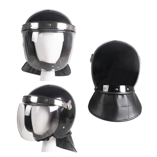 Black protective safety helmet with clear face shield and chin guard