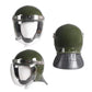 Army green protective helmet with clear face shield and padded neck guard
