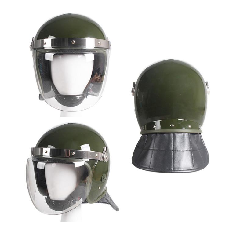 Army green protective helmet with clear face shield and padded neck guard