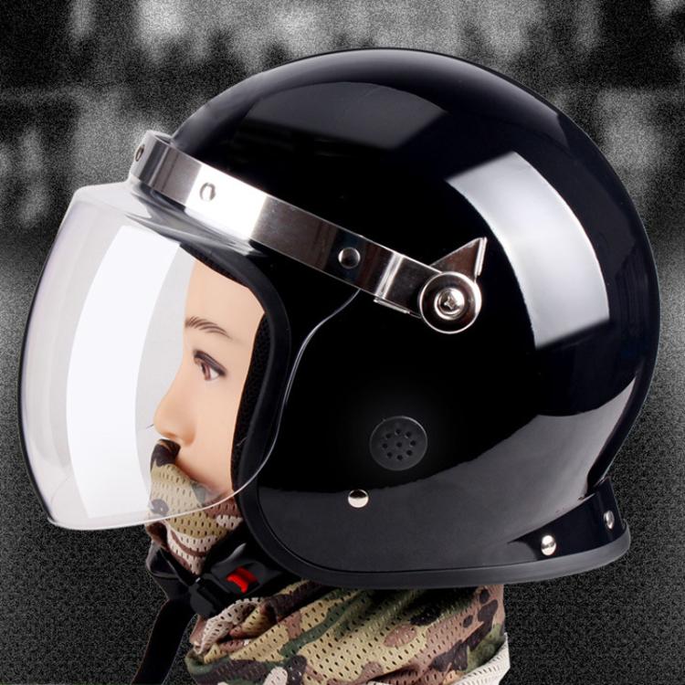 Black glossy safety helmet with full face visor and side vent openings