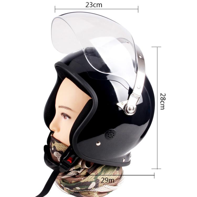 Black safety helmet with clear face shield and extended chin/neck protection