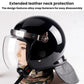 Black protective helmet with clear visor and extended leather-style neck guard