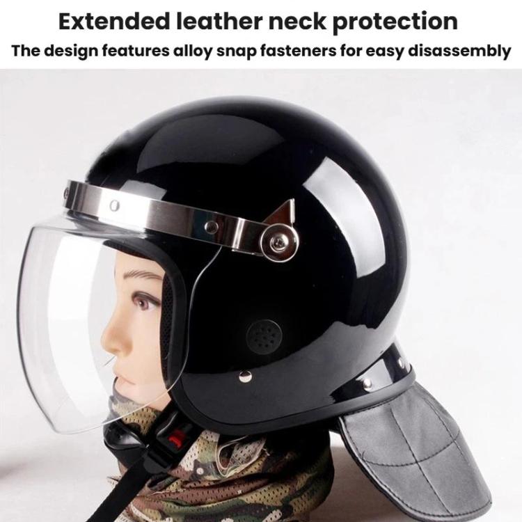 Black protective helmet with clear visor and extended leather-style neck guard