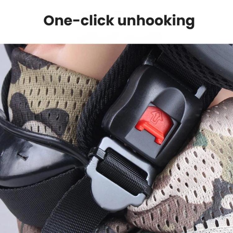 Black helmet chin strap with quick-release buckle close-up