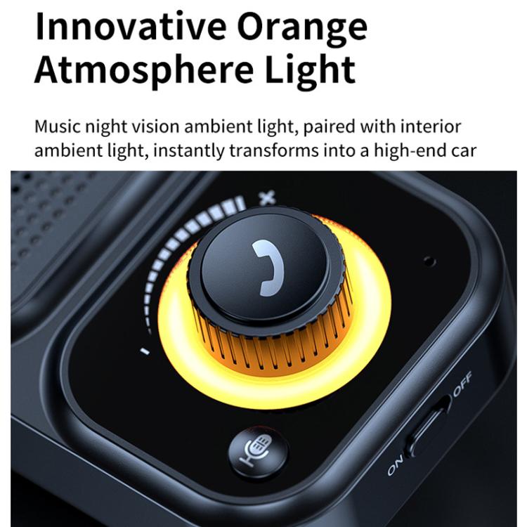 Sun visor-style Bluetooth car speaker with glowing yellow control dial and light ring