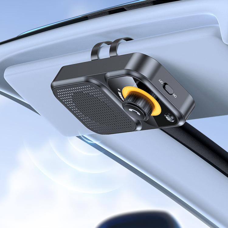 Sun visor-style Bluetooth car speaker with microphone grille and control buttons