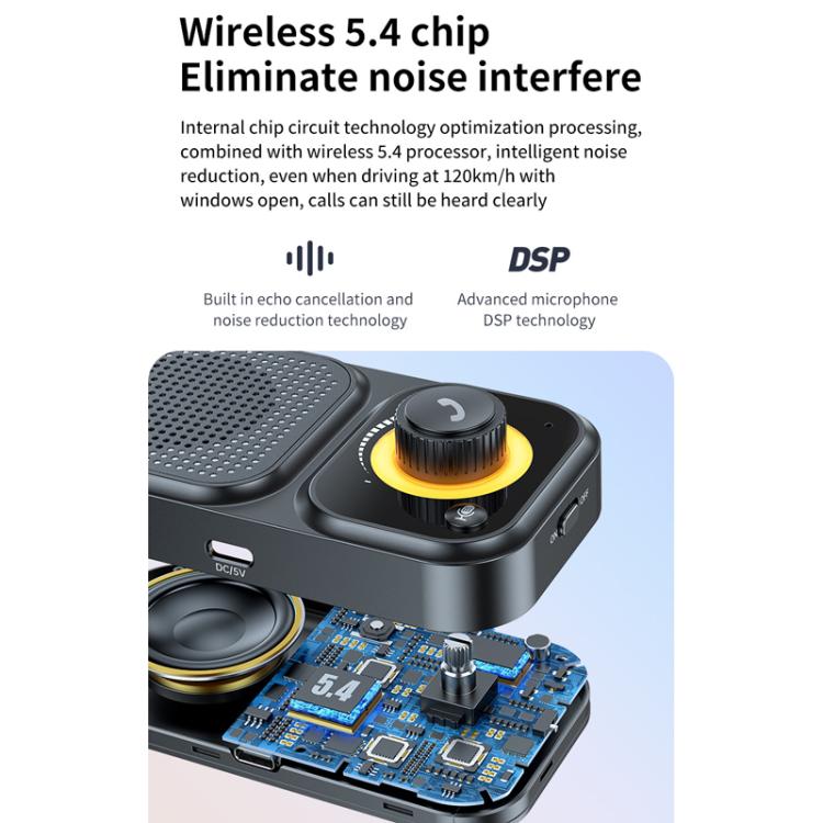 Sun visor Bluetooth car speaker showing internal electronics near orange control dial