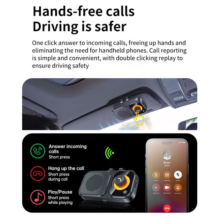 Visor-style Bluetooth car speaker with orange dial and call control button
