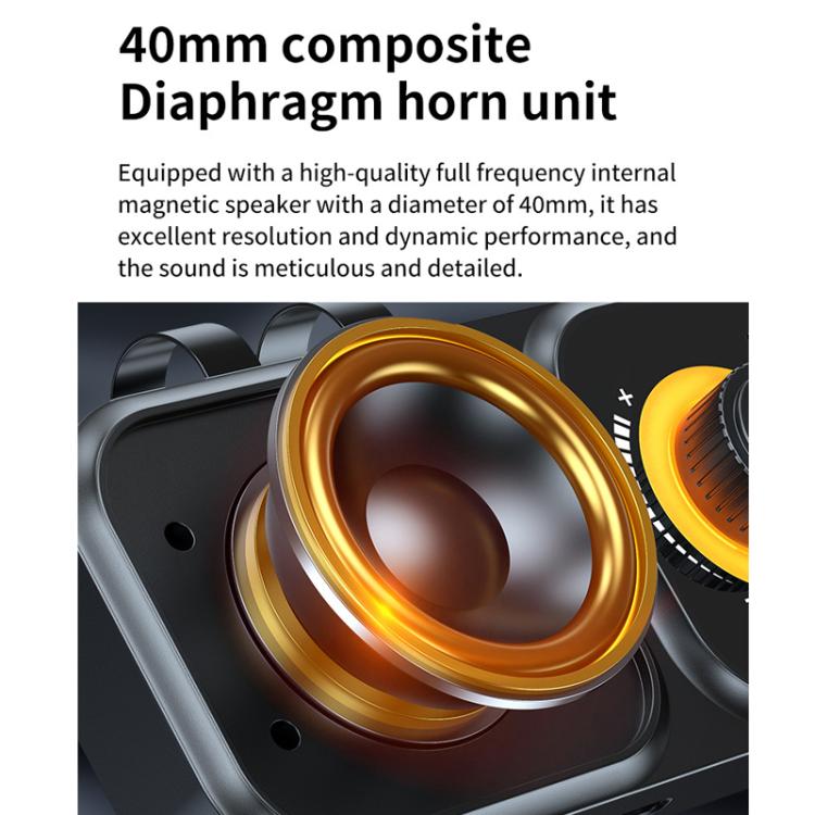 Close-up of visor Bluetooth car speaker audio driver with orange speaker surround