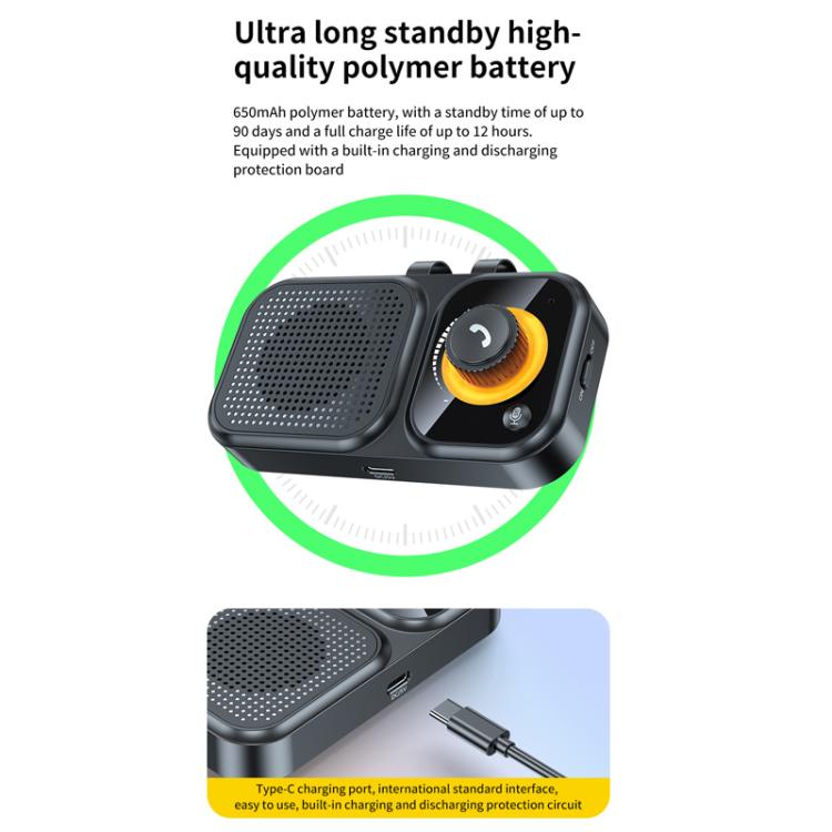 Sun visor Bluetooth car speaker with orange dial and charging port on side