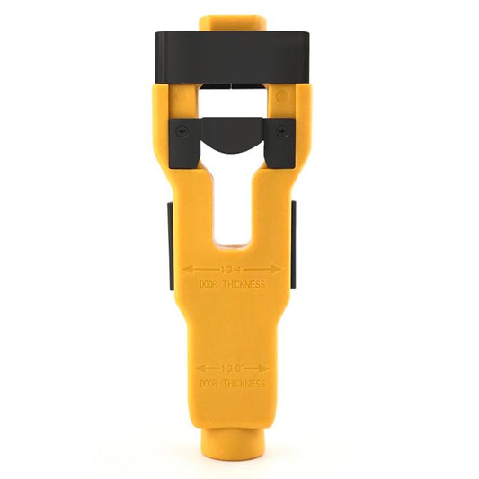 Yellow door latch tenon tool with black guide head and chisel-style blades