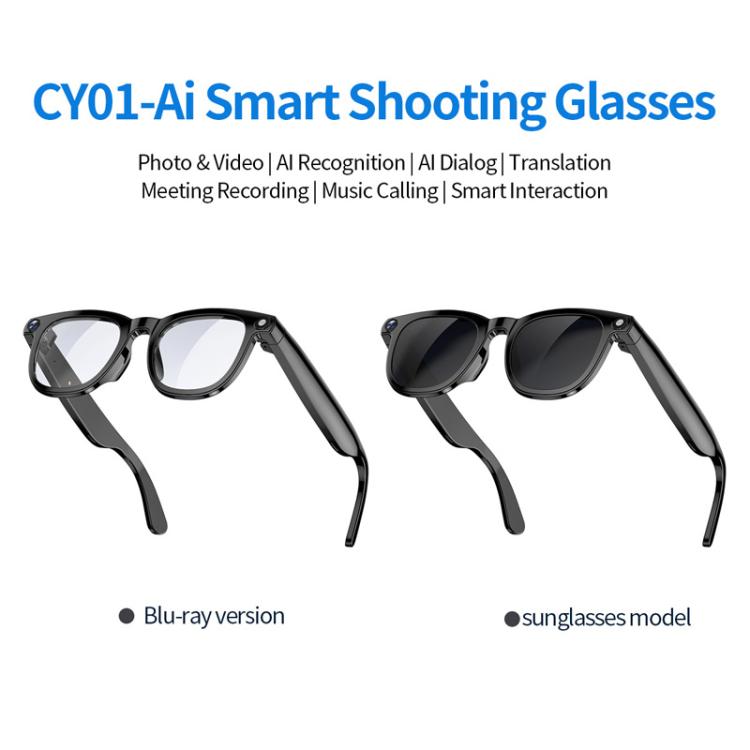 CY01 smart glasses shown with clear lenses and dark tinted lenses