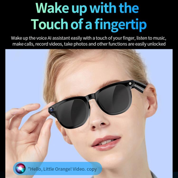 CY01 smart glasses with dark tinted lenses and touch controls, worn by a woman