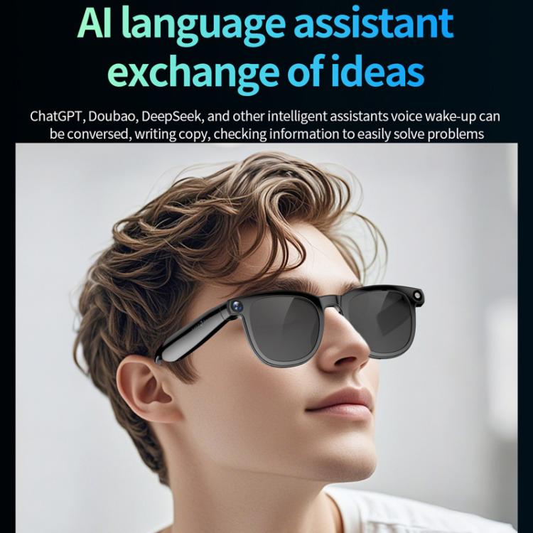 CY01 smart glasses with dark lenses and voice assistant features, worn by a man