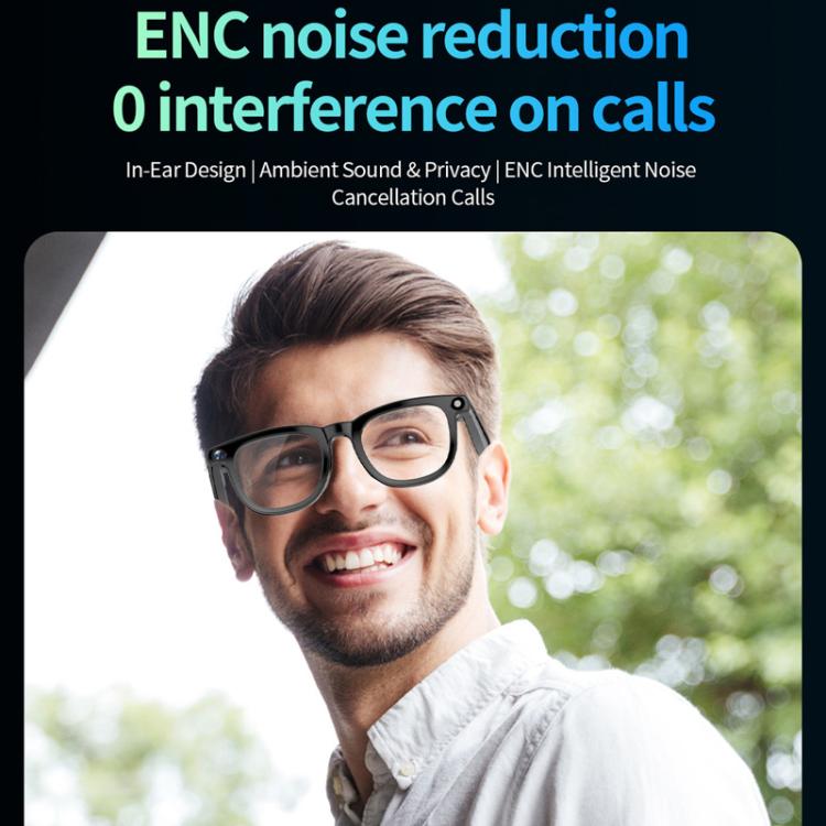 CY01 smart glasses with clear lenses and black frames, worn by a smiling man