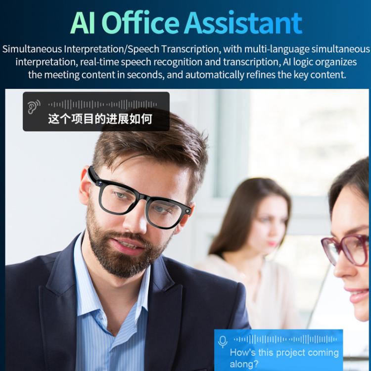 CY01 smart glasses with clear lenses, worn during an office meeting