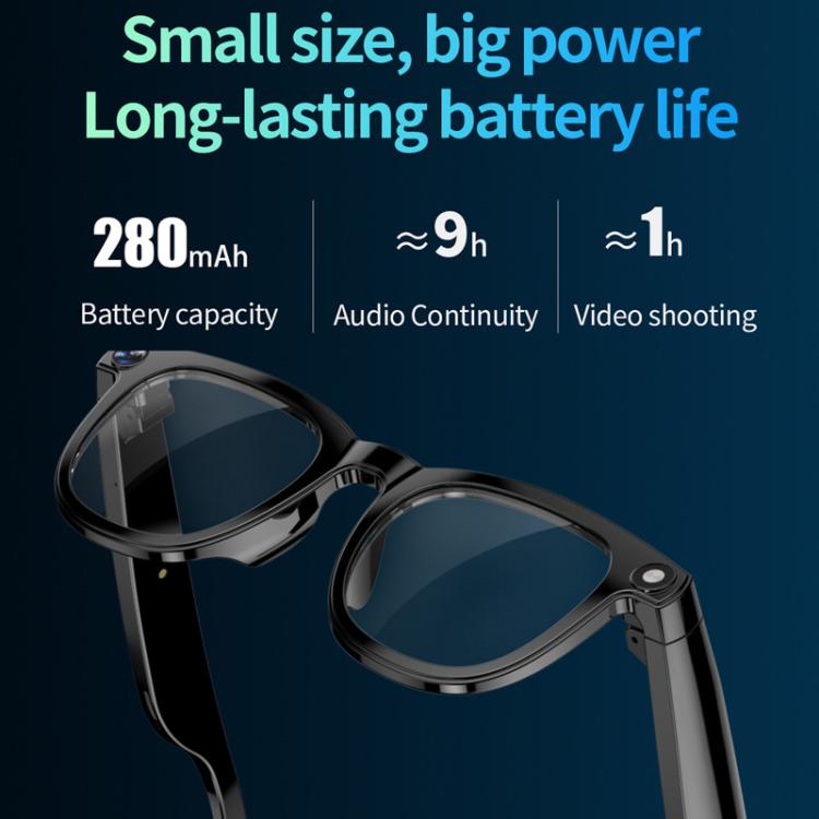 CY01 smart glasses with black frames, camera, and 280 mAh battery