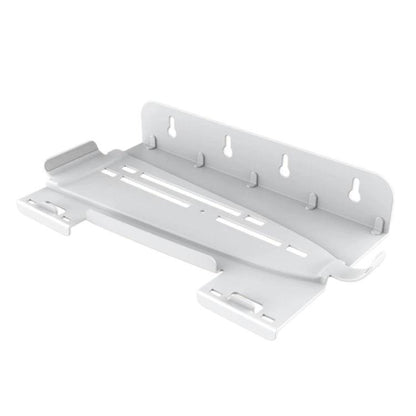 White wall-mount console organizer rack with controller hooks and support arms